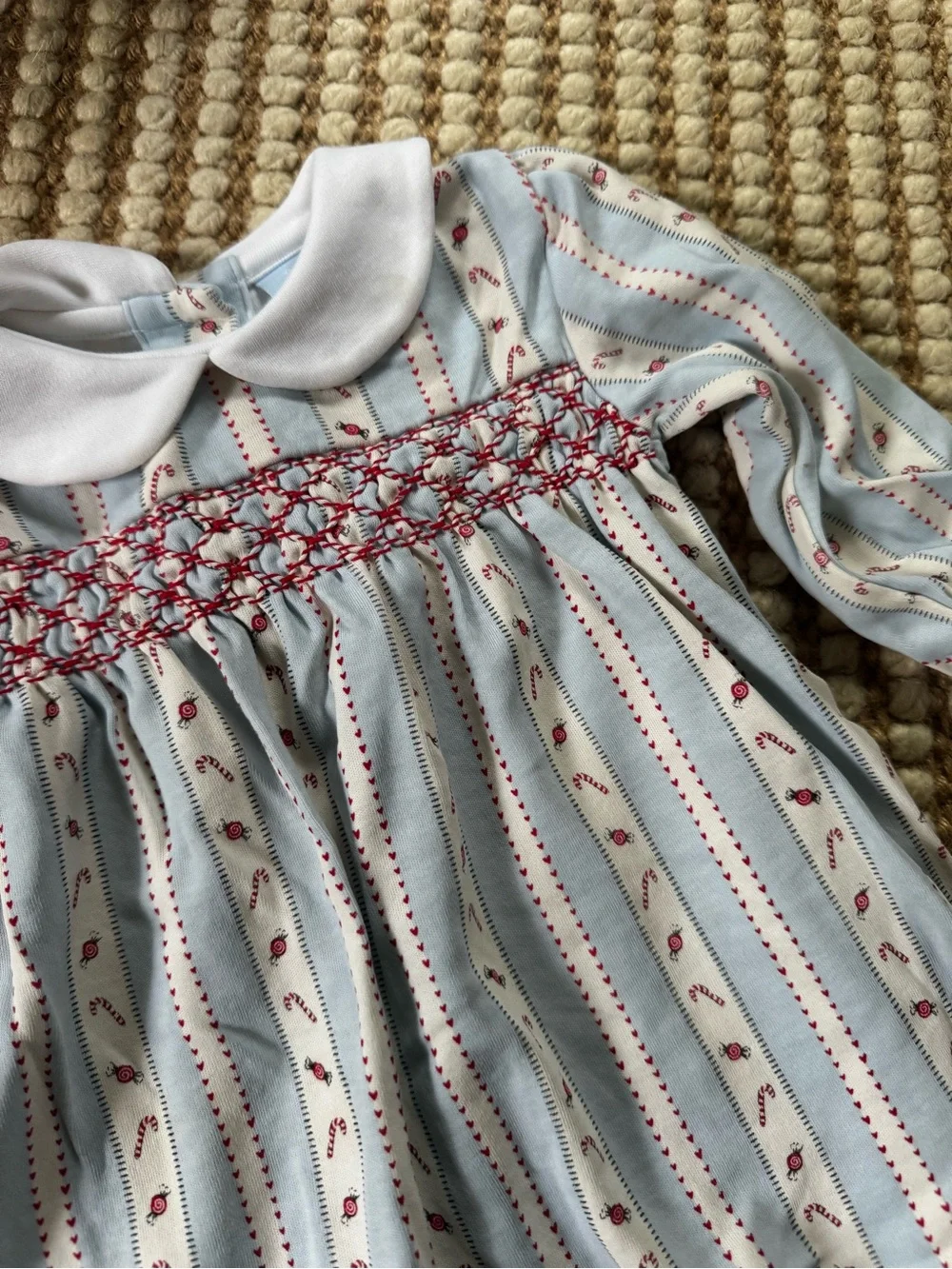 bella bliss Light Blue & White Striped Smocked Infant Dress with Red Candy Canes